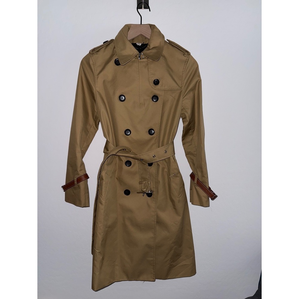 NWT Coach Womens 2 Small Double Breasted Icon Trench Coat Tan Khaki Leather Trim